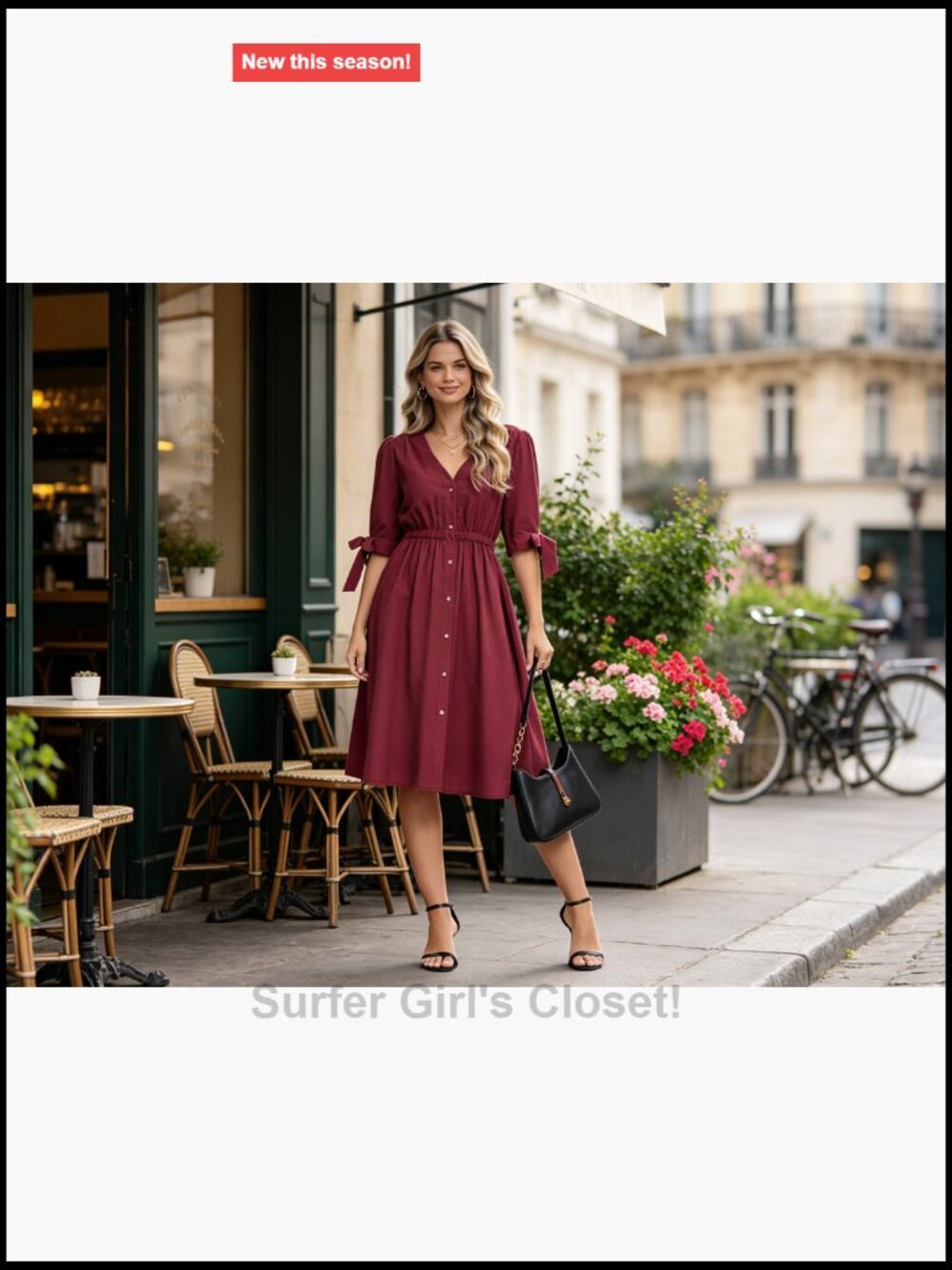Women's Puff Sleeve V-Neck Button Tie Midi Dress Rayon Blend A-Line - Picture 7 of 7